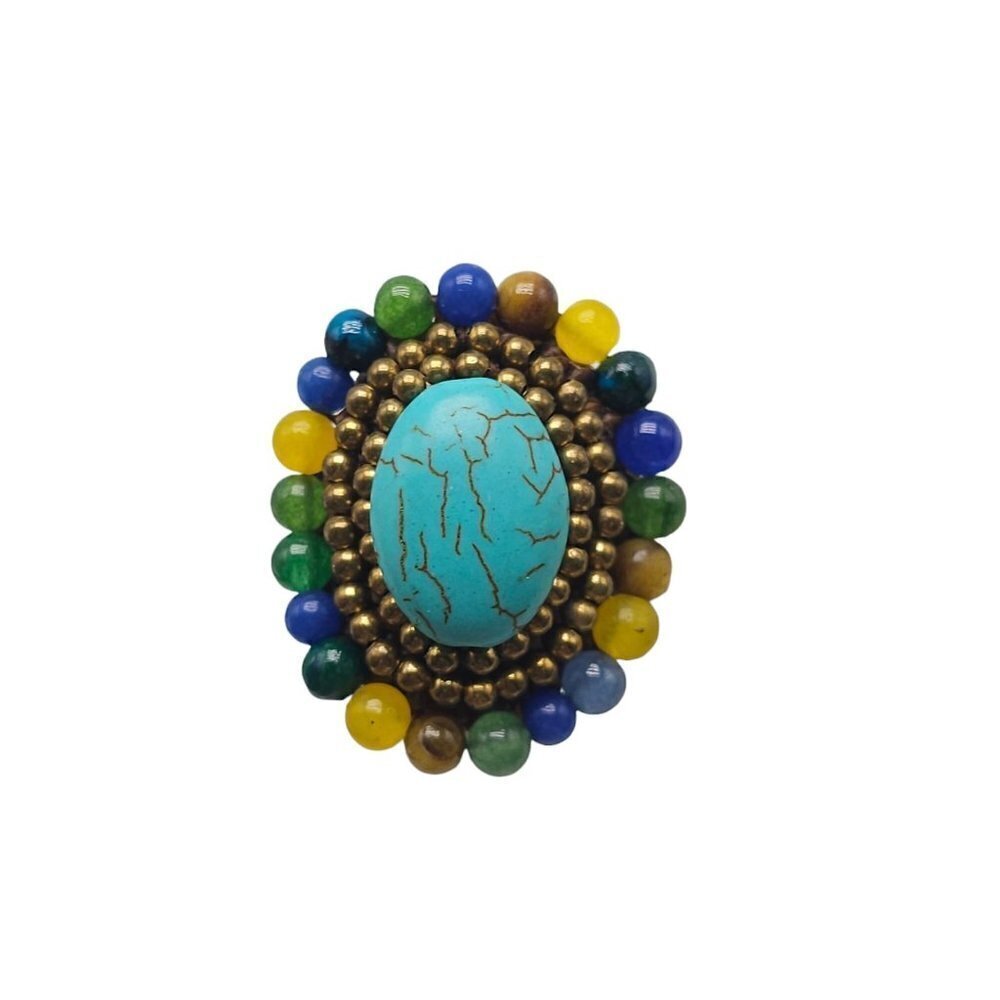 Multicolor Glass Beaded Blue Faux Turquoise Oval Ring Size 7 Handmade Vintage